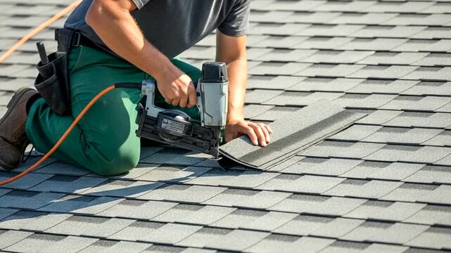 Roofer installing shingles on a residential house roof with a nail gun