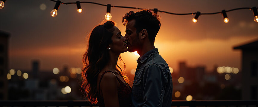 Romantic couple sharing a kiss at sunset on a rooftop with lights - Powered by Adobe