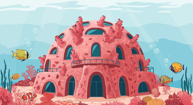 Futuristic coral reef dome habitat with colorful fish in a vibrant ocean environment