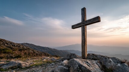 Symbol of Faith: Wooden Cross atop Mountain Peak at Sunset, representing Hope and Spirituality