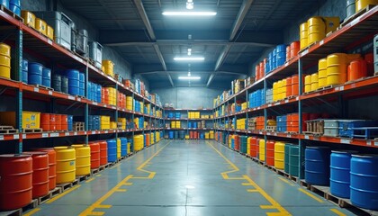 Rows of colorful barrels, containers neatly stacked on industrial shelving in large warehouse storage facility. Materials organized for safe handling, disposal. Yellow lines mark pathways on gray
