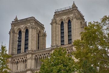 Gothic towers of Notre Dame Cathedral in Paris with a gray sky and trees in the foreground in a historic setting