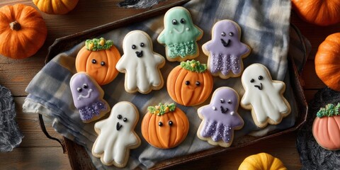 Obraz premium A tray of Halloween-themed cookies, including ghosts, pumpkins, and candy corn, arranged on a wooden table with pumpkins in the background.