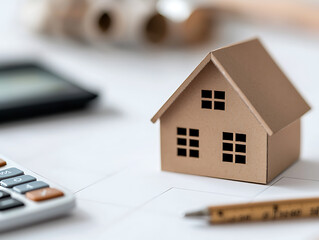 Planning a future home with blueprints, calculator and pen. Concept includes real estate investment, budget, planning, and construction. House model signifies dreams.