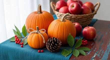 Autumn harvest display with pumpkins, apples, berries, and pinecone on a rustic table