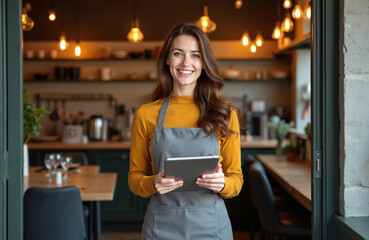 Smiling restaurant manager holds tablet at kitchen entrance. Warm lighting reveals inviting dining area and modern design. Professional female staff manages food service business.