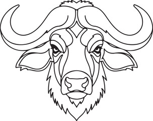 Buffalo Head Front View – Bold Black and White Line Art with Curved Horns and Symmetrical Tribal Style
