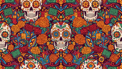 Vibrant Día de los Muertos Seamless Pattern with Ornate Sugar Skulls, Marigolds, and Traditional Mexican Folk Art Elements