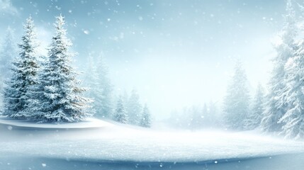 Fototapeta premium Serene Winter Landscape with Snow-Covered Trees and Gentle Snowfall, Creating a Peaceful Holiday Atmosphere