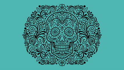 Ornate Sugar Skull Design with Floral Patterns on Teal Background for Day of the Dead Celebration