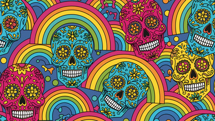 Vibrant Sugar Skulls and Rainbows Seamless Pattern. Colorful Dia de los Muertos Calaveras with Floral Details and Psychedelic Vibes.