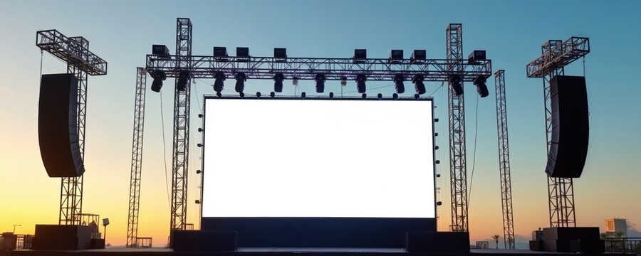 Large stage setup outdoor at sunset with empty white screen. Modern sound system and dynamic lighting equipment is ready for event. Venue construction design gives show atmosphere.