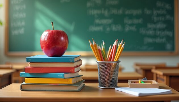 Bright red apple sits atop stack of colorful textbooks. Metal cup full of colored pencils, notebook, erasers on wooden desk. Green chalkboard with blurred writing, empty student desks in classroom - Powered by Adobe
