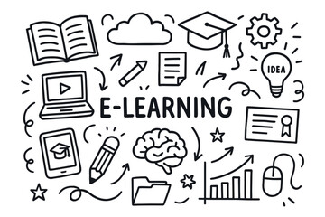 Fototapeta premium E-learning doodle with educational icons: laptop, graduation cap, cloud, brain, chart