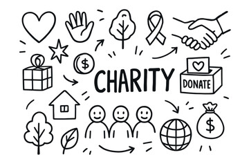 Charity doodles: donation, community, support, giving, growth, helping hands illustration