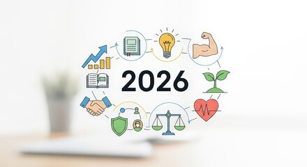 Future Projections Elements for Year 2026 Featuring Growth, Innovation, and Health Symbols