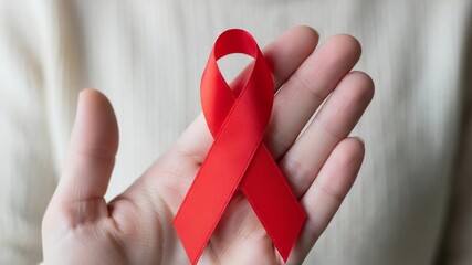 Hand holding a red ribbon, symbol of hivaids awareness