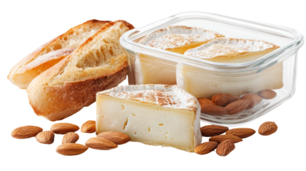 Gourmet cheese and bread assortment with almonds isolated on transparent background