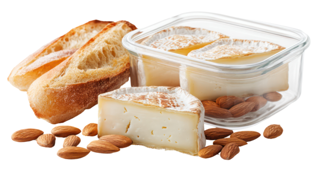 Gourmet cheese and bread assortment with almonds isolated on transparent background
