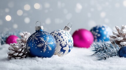 Festive Christmas Ornaments and Pine Cones in a Snowy Winter Scene for Holiday Decor