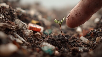 Small plant growing through trash