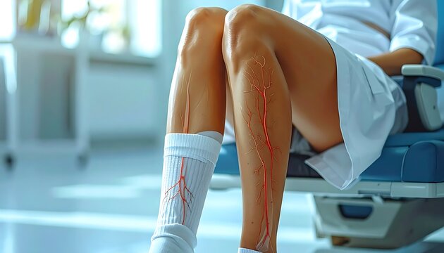 Anatomic view of a person's legs showing superficial veins. The person sits on a medical blue chair with their legs outstretched