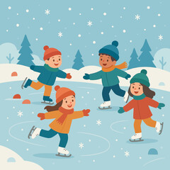 Fototapeta premium Children Ice Skating in Winter Landscape Flat Vector Illustration
