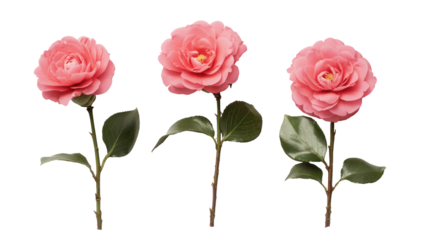 Three delicate pink roses with green stems and leaves isolated on transparent background