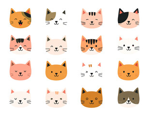 Fototapeta premium Cute Funny Cat Head Cartoon Set – Flat Colorful Vector Illustration of Various Kittens
