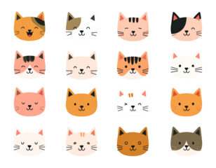 Cute Funny Cat Head Cartoon Set – Flat Colorful Vector Illustration of Various Kittens