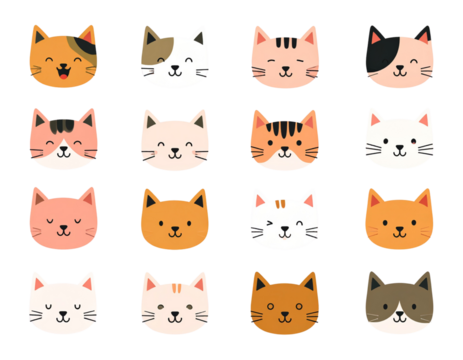 Cute Funny Cat Head Cartoon Set – Flat Colorful Vector Illustration of Various Kittens
