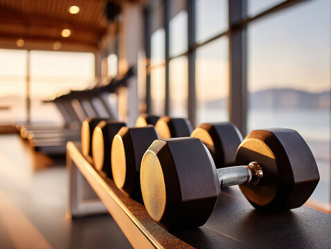 A row of black dumbbells stands in a bright gym space. Fitness, strength training, and healthy living. A backdrop for workouts, wellness, sports, personal trainers, and blogs.
