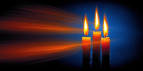 Fototapeta premium Burning candles with glowing flame and rays of light on a dark background