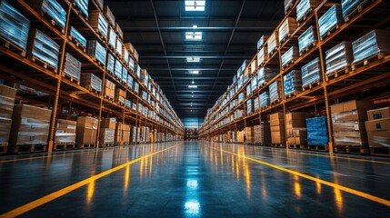 Obraz premium A vast warehouse filled with neatly stacked pallets, illuminated by overhead lights, showcasing organized storage with a polished floor.