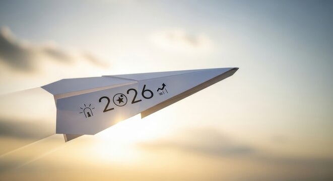 Paper airplane flying towards future with 2026 written on it and sky background at sunset