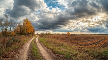 Naklejka premium Serene Country Road Through Autumn Landscape with Dramatic Skies