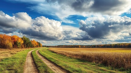 Obraz premium Scenic Autumn Pathway Through Vibrant Fields and Dramatic Sky