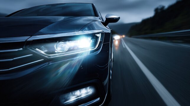 Modern car headlights night drive