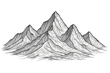 Mountain range drawing with peaks, black and white sketch art, outdoors hiking nature landscape, transparent background