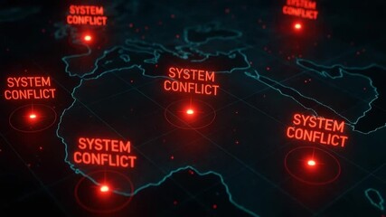 A digital map depicting system conflicts with bright red markers highlighting critical locations worldwide.
