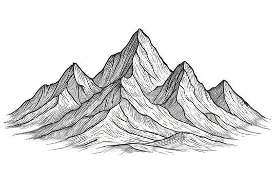 Mountain range drawing with peaks, black and white sketch art, outdoors hiking nature landscape, transparent background