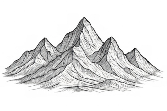 Mountain range drawing with peaks, black and white sketch art, outdoors hiking nature landscape, transparent background