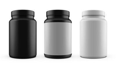 Set of Three Protein Supplement Bottles Mockup — Black, Gray, and White Containers on White Background