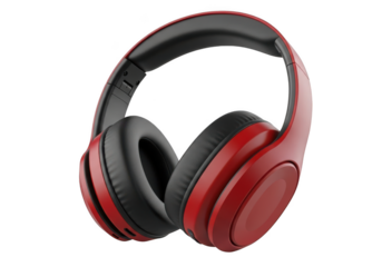 Red wireless headphones isolated on transparent background for listening to music
