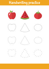 Trace the dotted shapes of a colorful apple, watermelon, and tomato