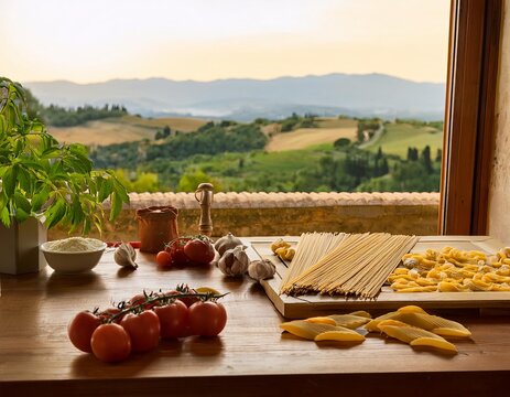 Italian pasta ingredients on table with tuscan landscape view