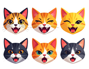Funny Domestic Cat Emoji Set &ndash; Expressive Cartoon Cat Faces Flat Icon Design
