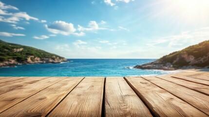 Fototapeta premium A serene wooden deck overlooks a tranquil sea, with blue skies and distant hills, creating a peaceful coastal scene.
