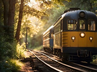 Fototapeta premium Vintage passenger train riding through forest at sunset