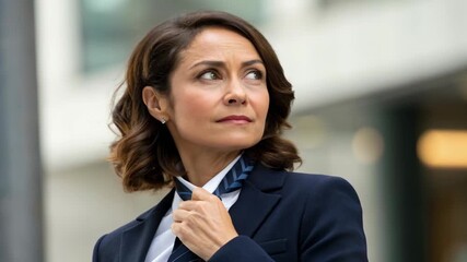 Confident businesswoman portrait blazer and suit adjusting necktie with white shirt, professional woman poised outdoors showing focus